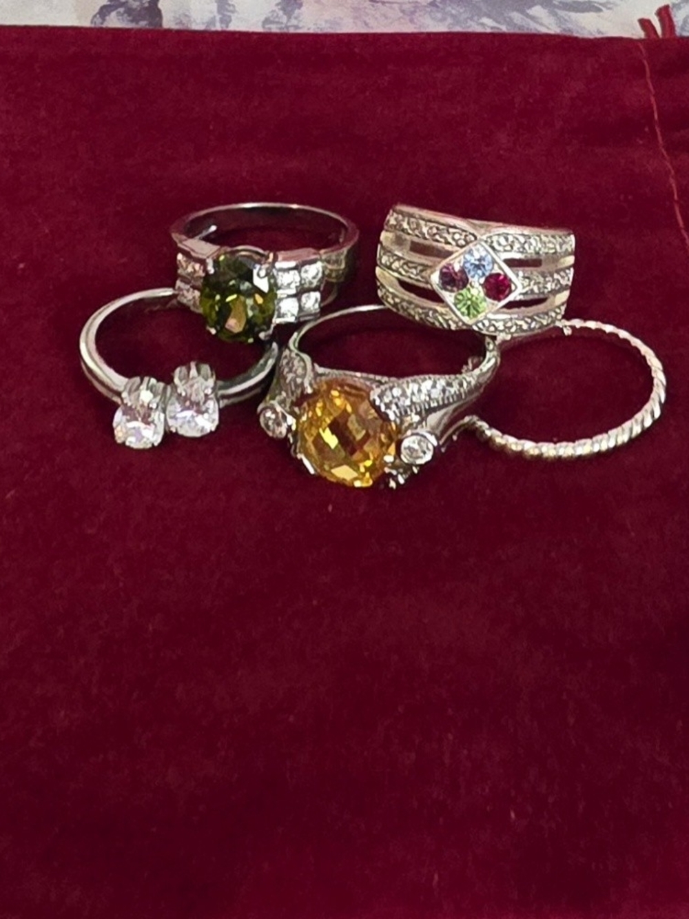 Multicolor Gemstone Silver Ring Set - Yellow, Green, Pink Accents